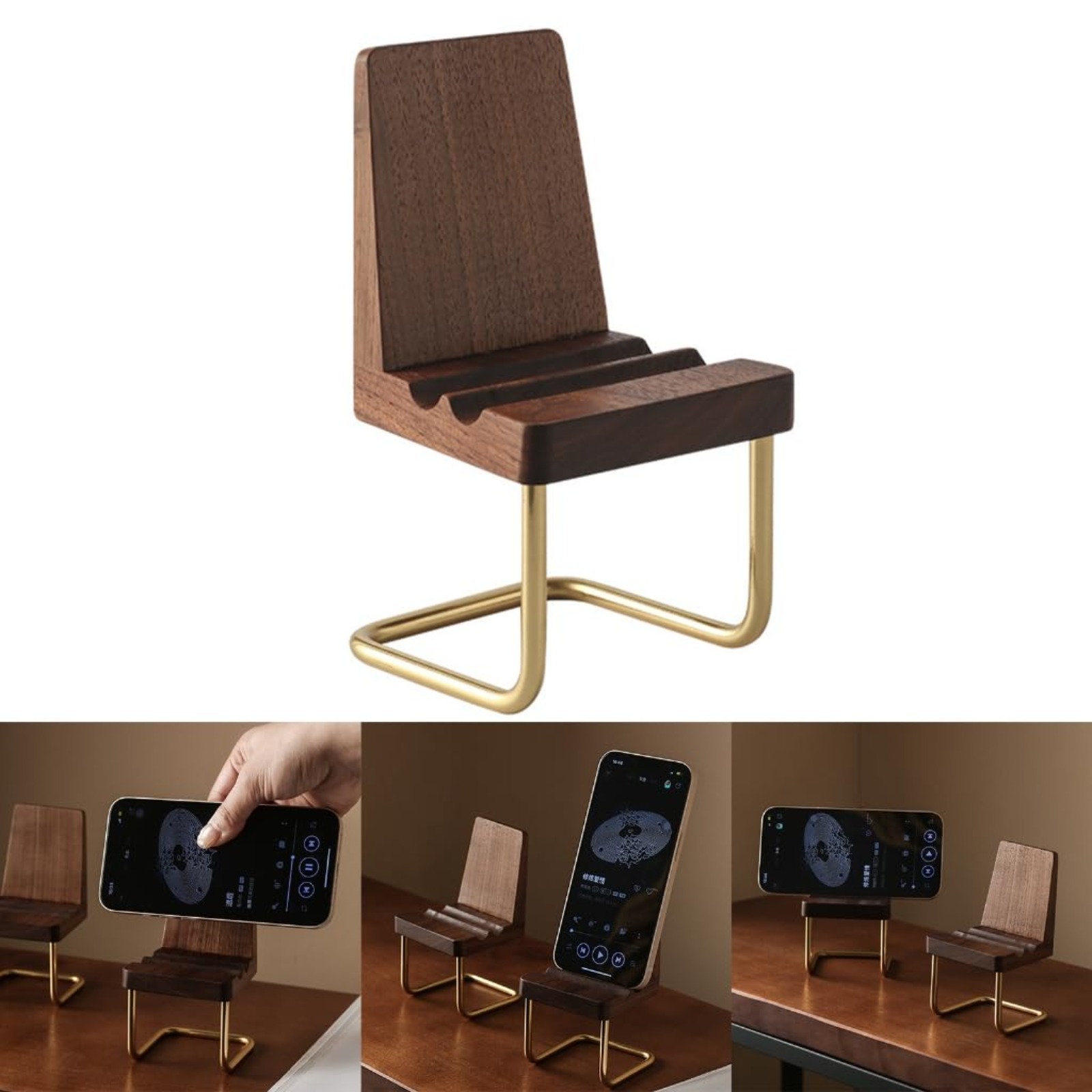 Desk Setup Natural - Drewniany Stojak na Telefon Orzechowy Organizer